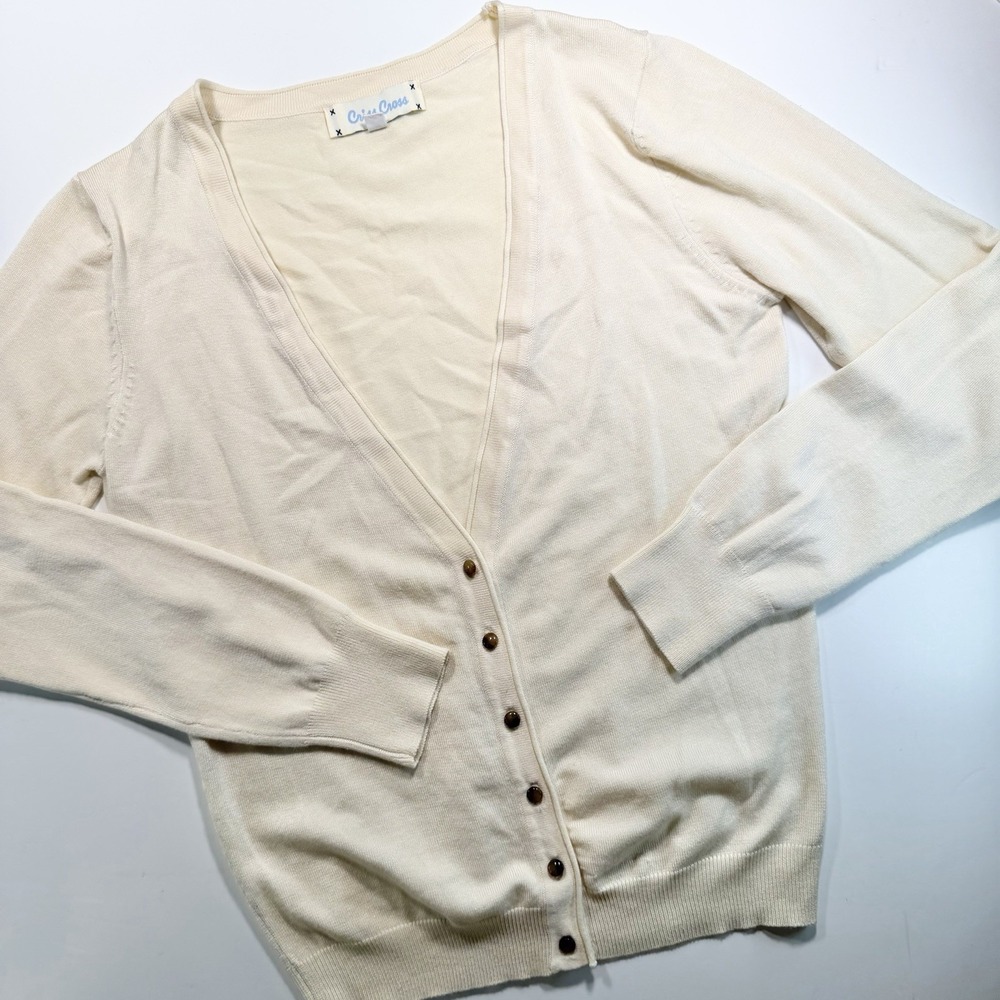 Women's Deep V Button Front Cardigan Sweater M Yellow Classic By Cross Cross